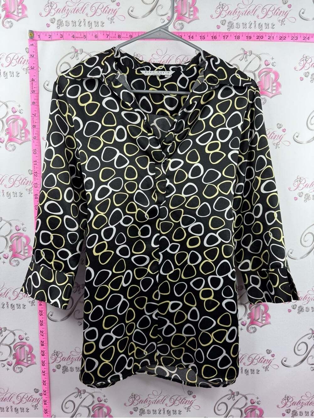 Fred David y2k top belted tie up Black Blouse with White & Yellow Loop Print